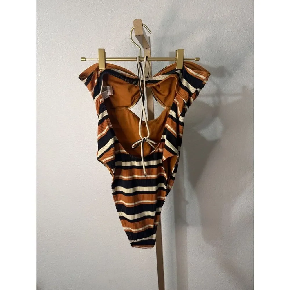 Striped Cutout One-Piece Swimsuit in Black, Rust & Cream- high leg- Large